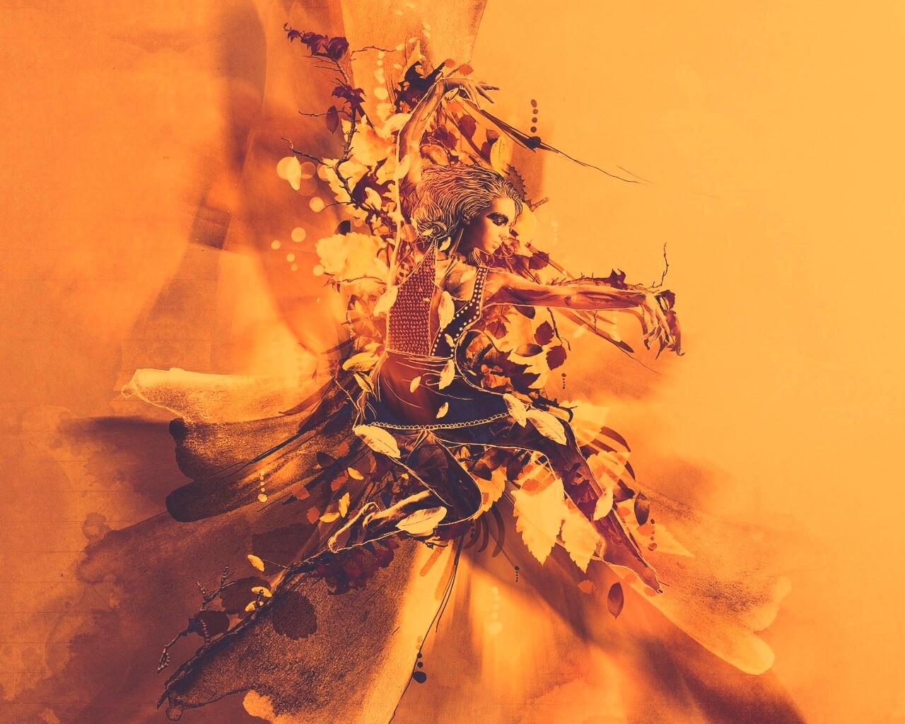Девушка танцует в листьях обои