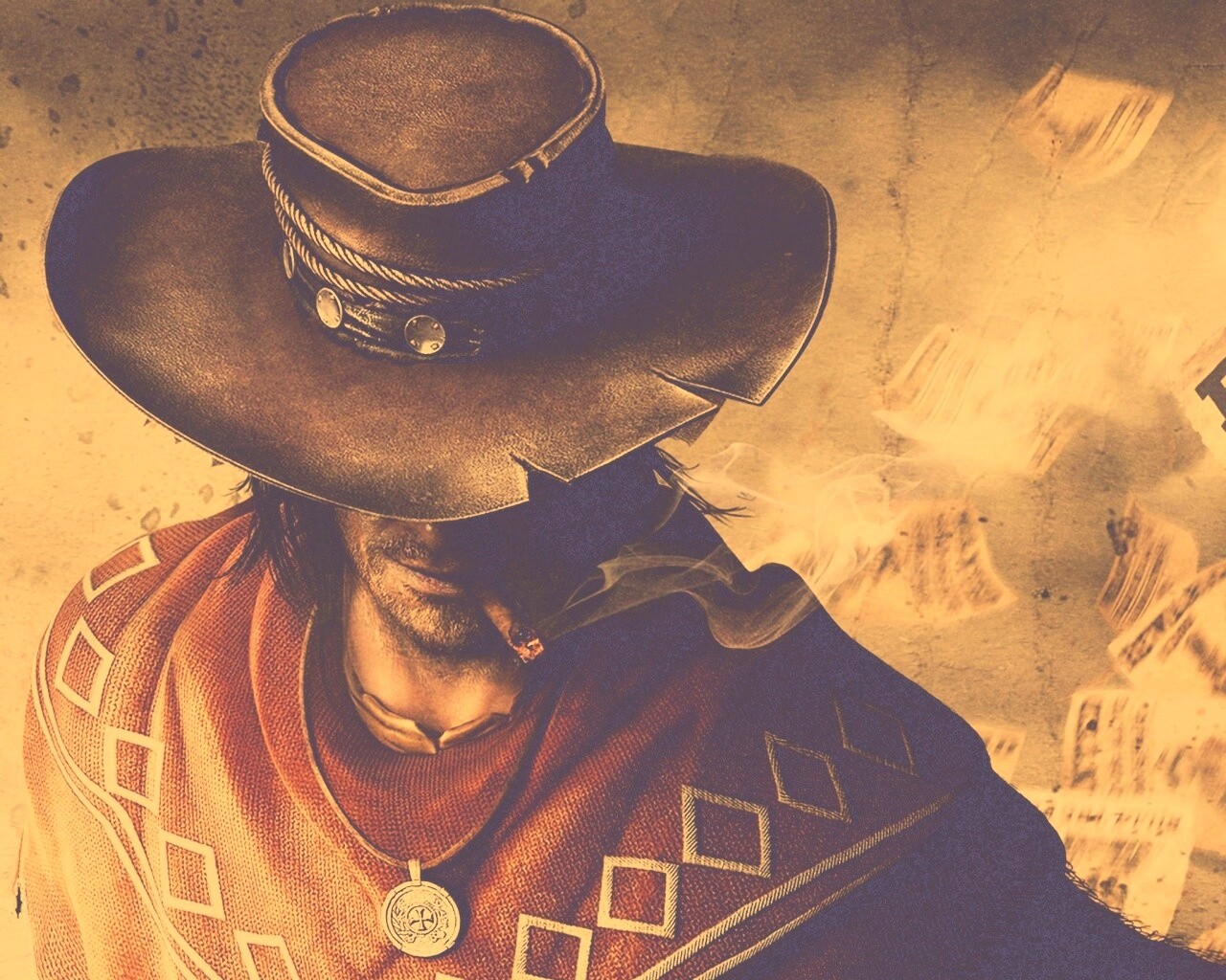 Мужик с сигарой в шляпе и пончо обои