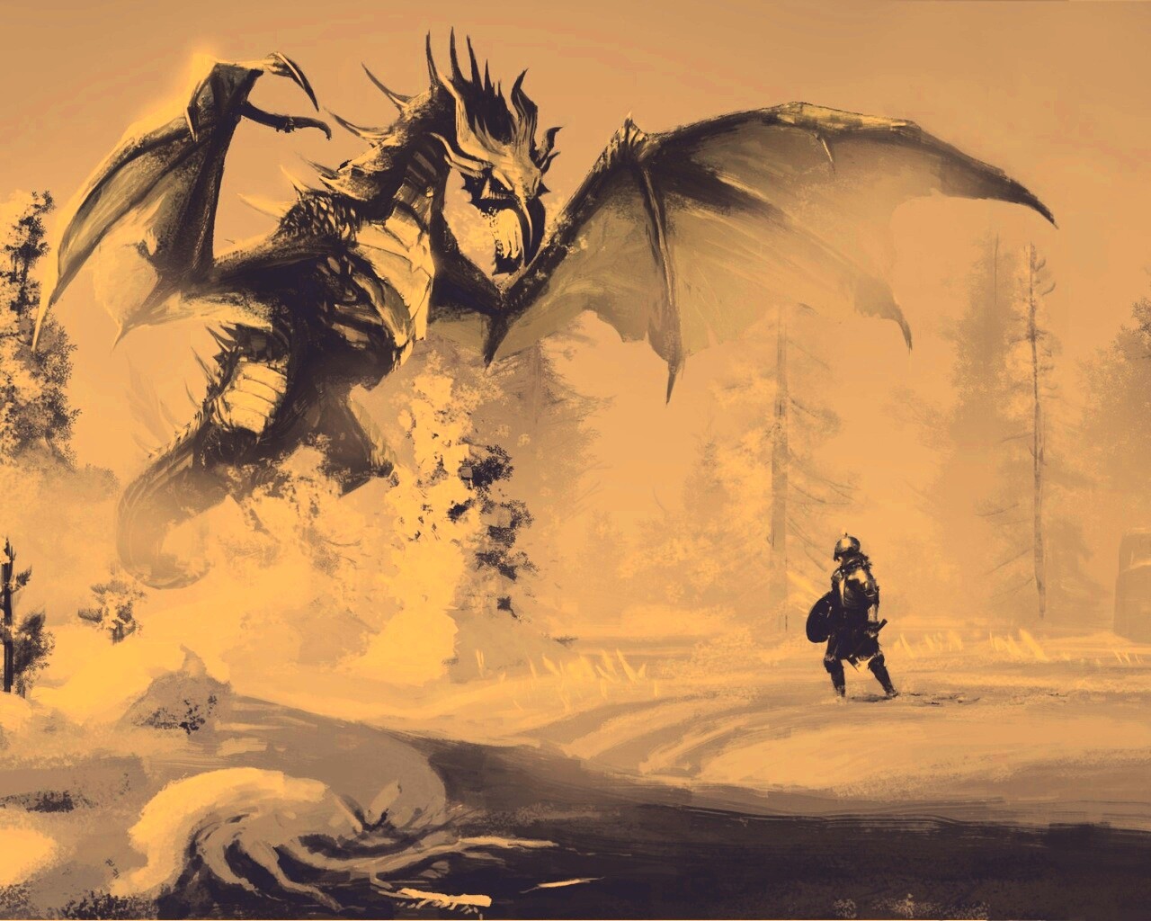 Скайрим: битва с ледяным драконом обои