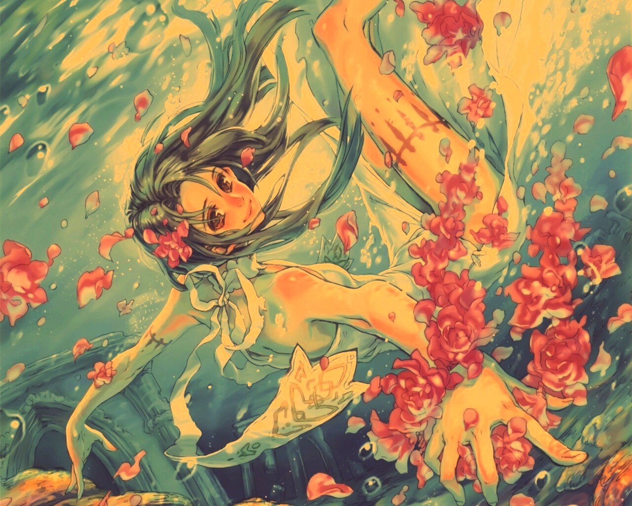 Девушка из аниме под водой обои