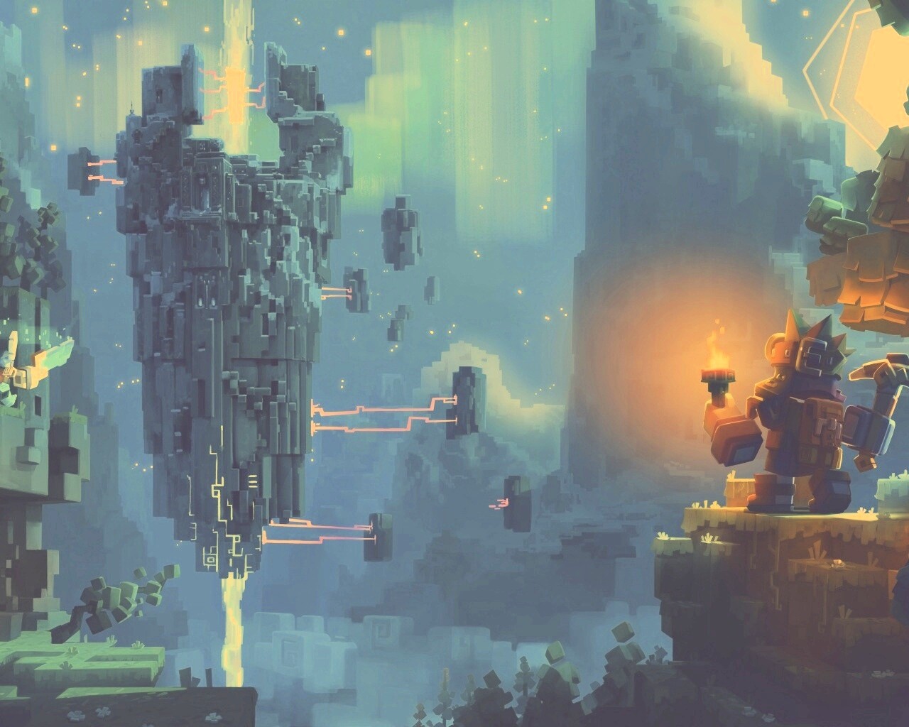 Парень с киркой и факелом смотрит в даль обои