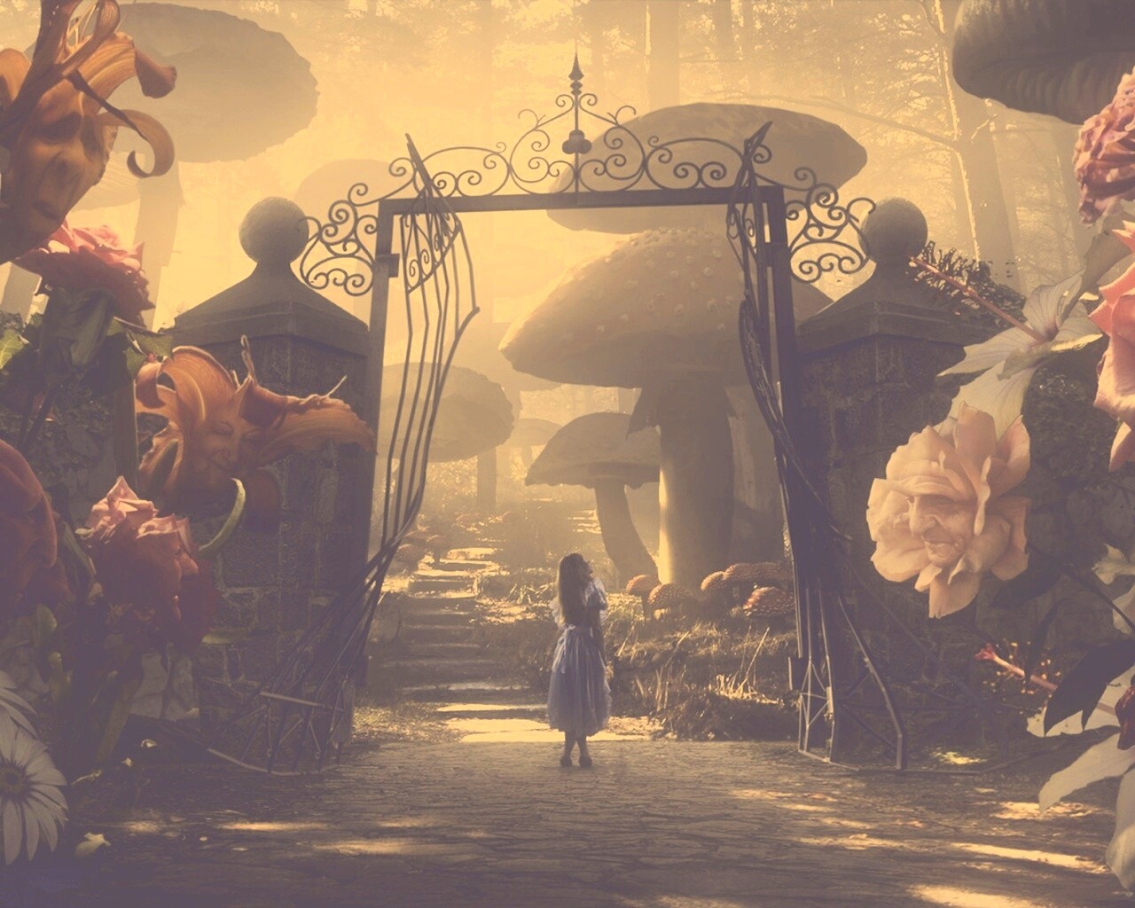 Алиса в стране чудес среди живых цветов обои