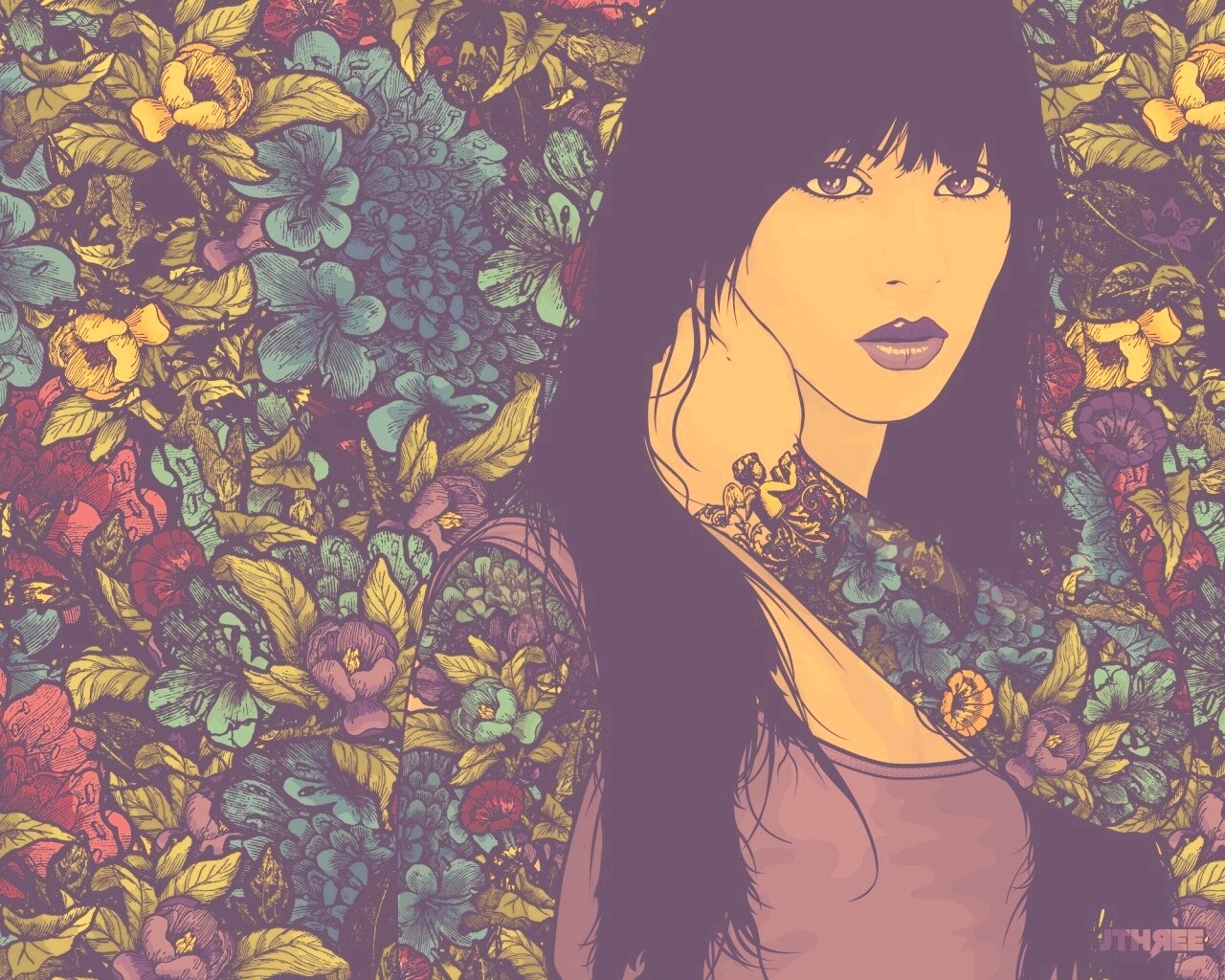 Девушка с цветочной тату обои