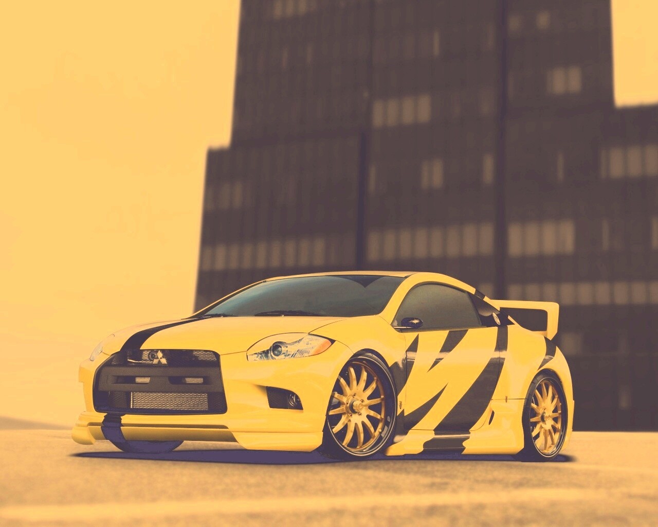 Mitsubishi жёлтого цвета с черными полосами обои