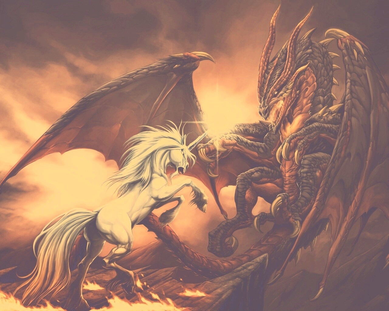 Дракон и единорог обои