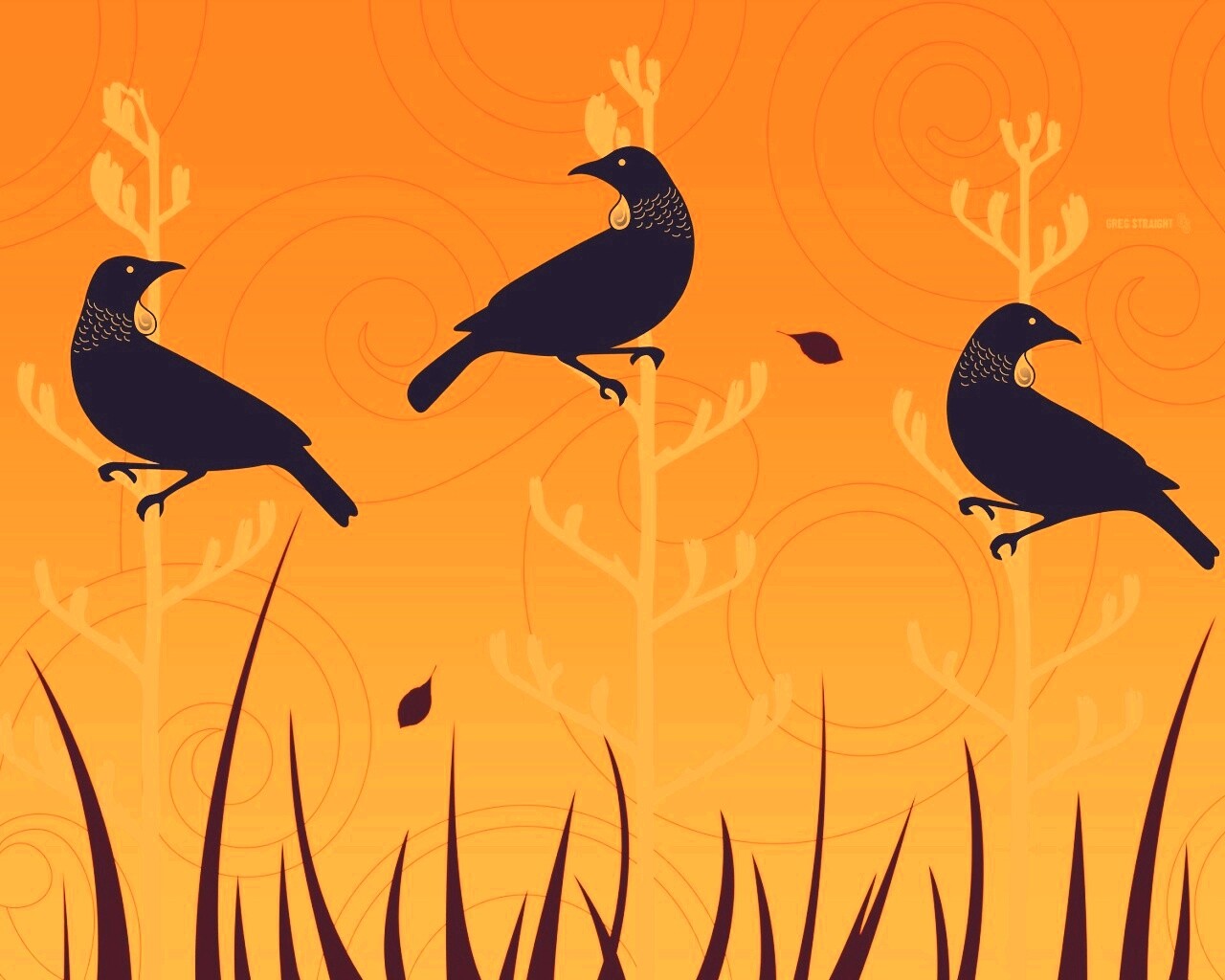 Векторные стилизованные птицы на ветках дерева обои