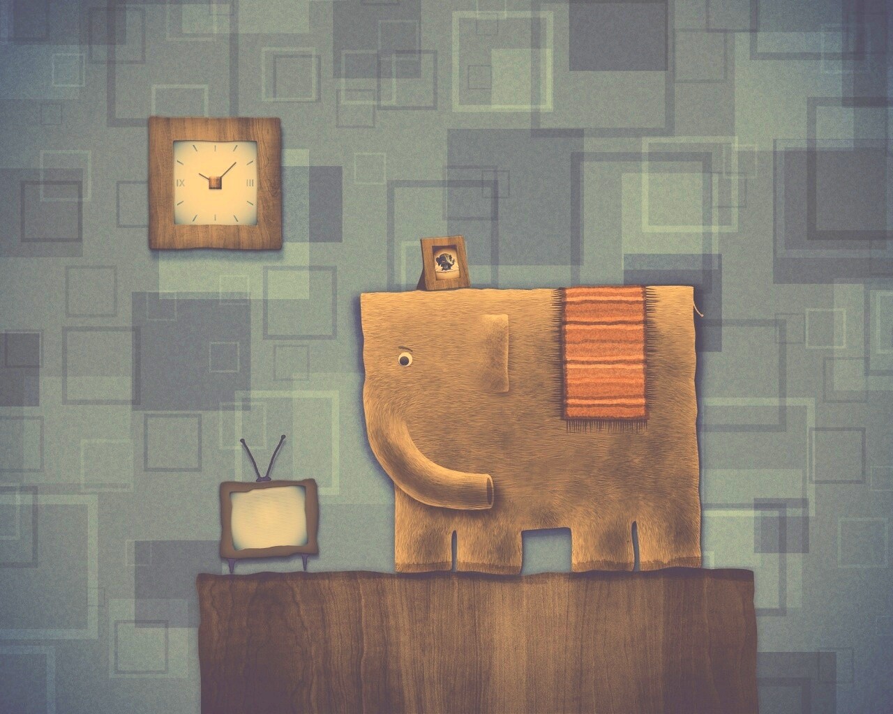 Слон, часы и телевизор обои