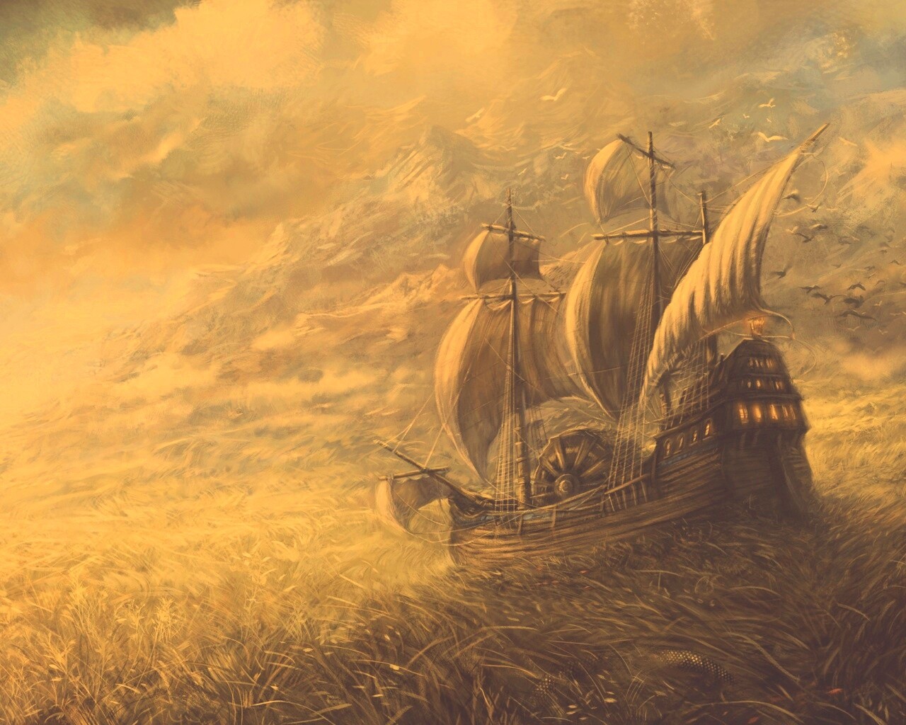 Корабль в море травы обои