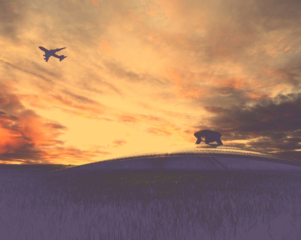 Самолет в закатном небе обои