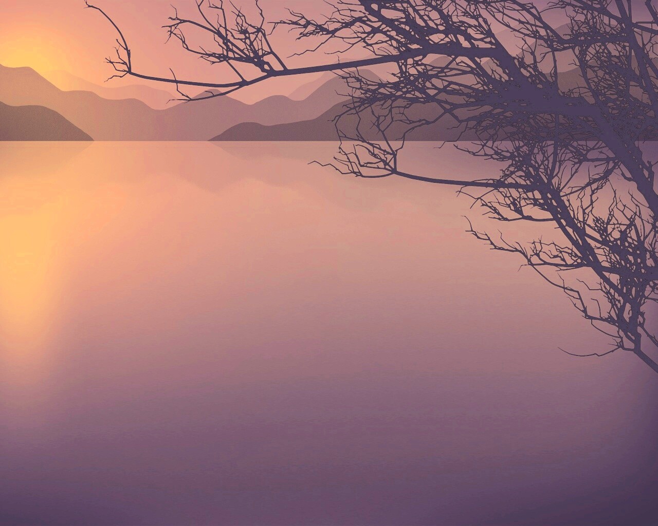 Ветка над вечерним озером обои