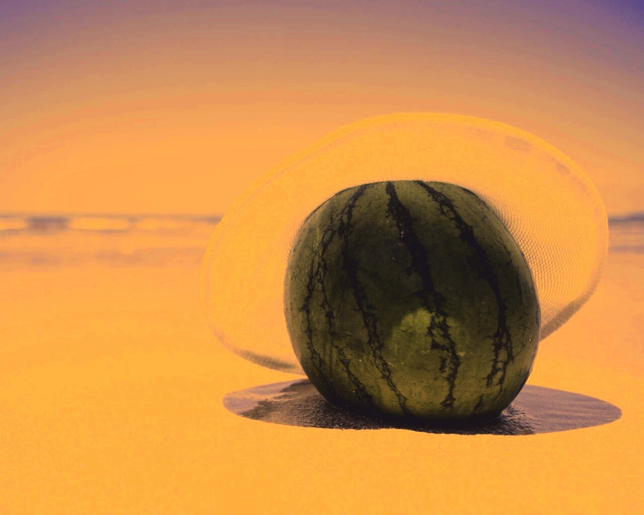 Арбуз в летней шляпке на пляже обои