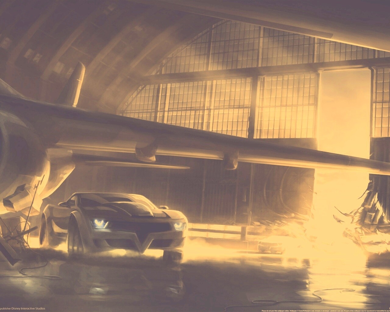 Машины въезжают в ангар обои