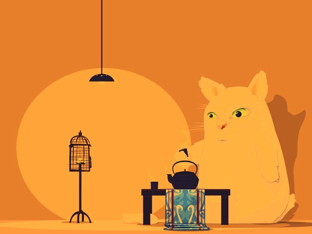 Кот пьет чай обои