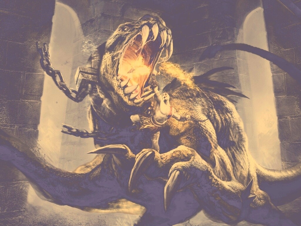 Кратос против динозавра обои