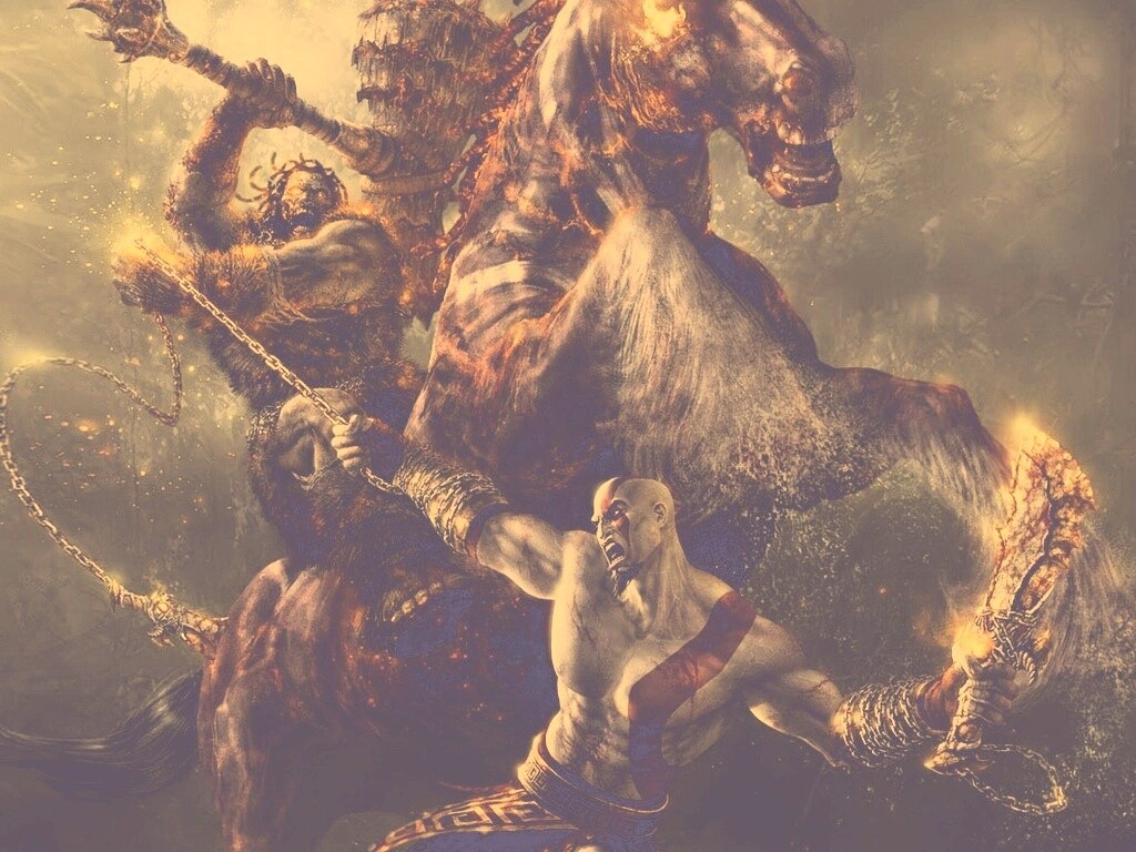 Кратос против огненного всадника обои