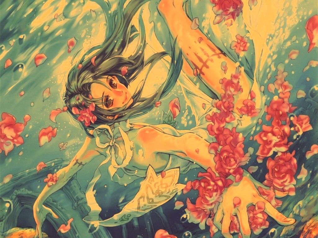 Девушка из аниме под водой обои