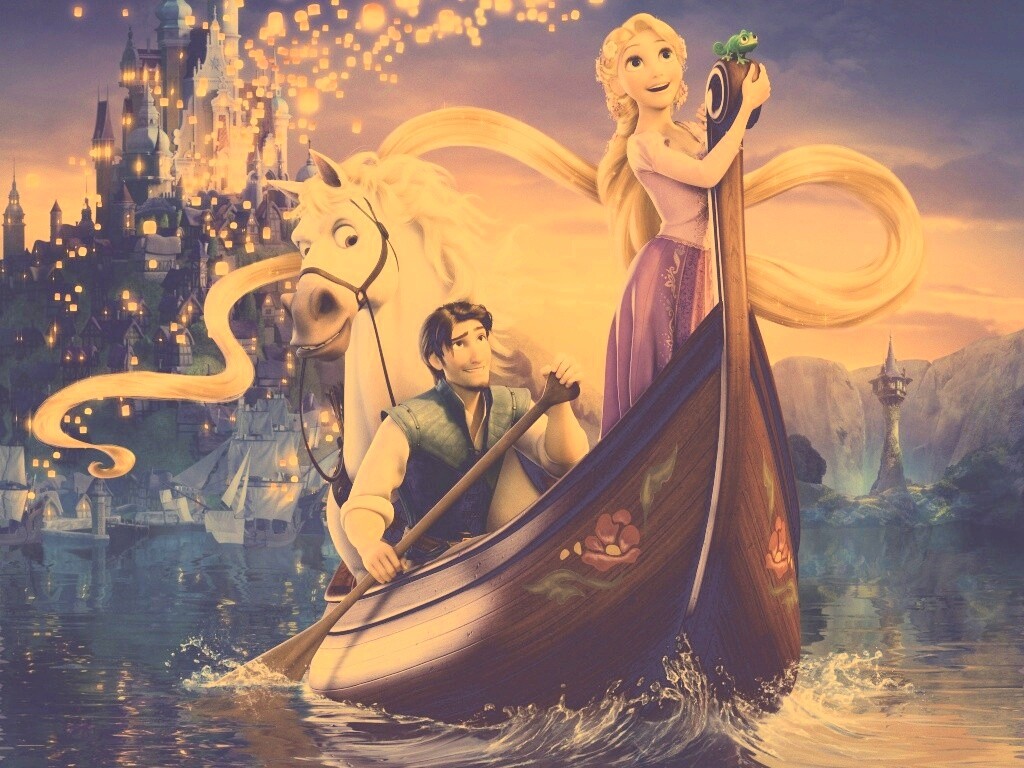 Рапунцель и Флин на лодке обои