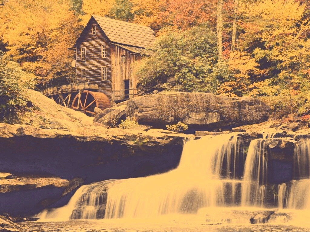 Дом, водяное колесо и водопад обои