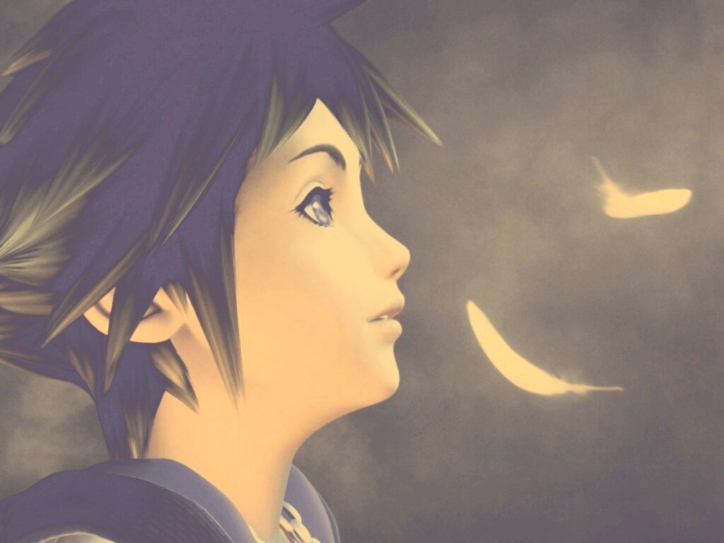 Анимешный парень и белые перья обои