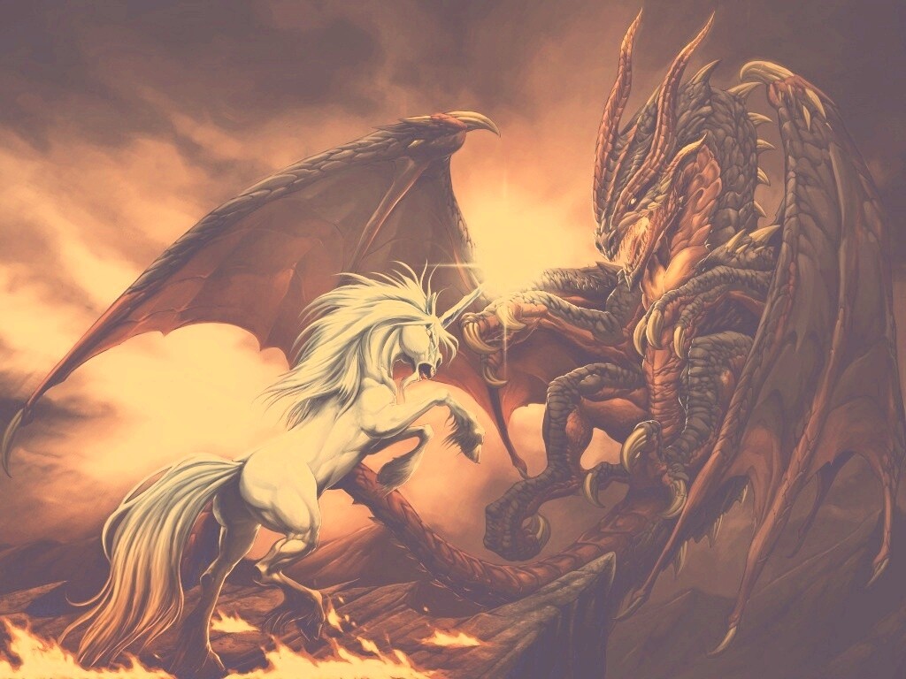 Дракон и единорог обои