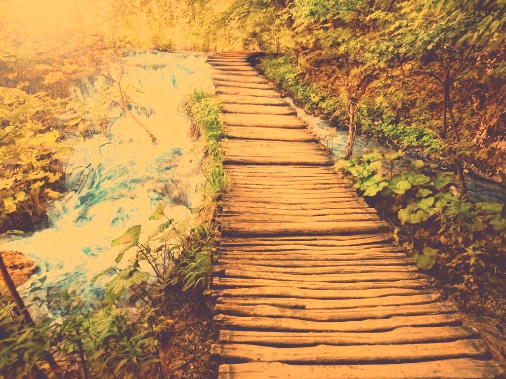 Деревянная дорожка над ручьем обои