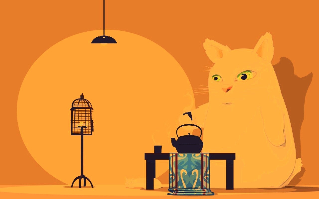 Кот пьет чай обои