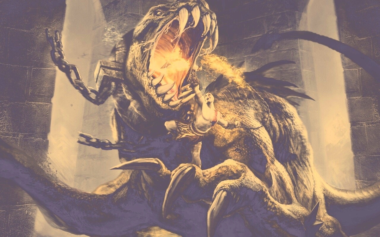 Кратос против динозавра обои