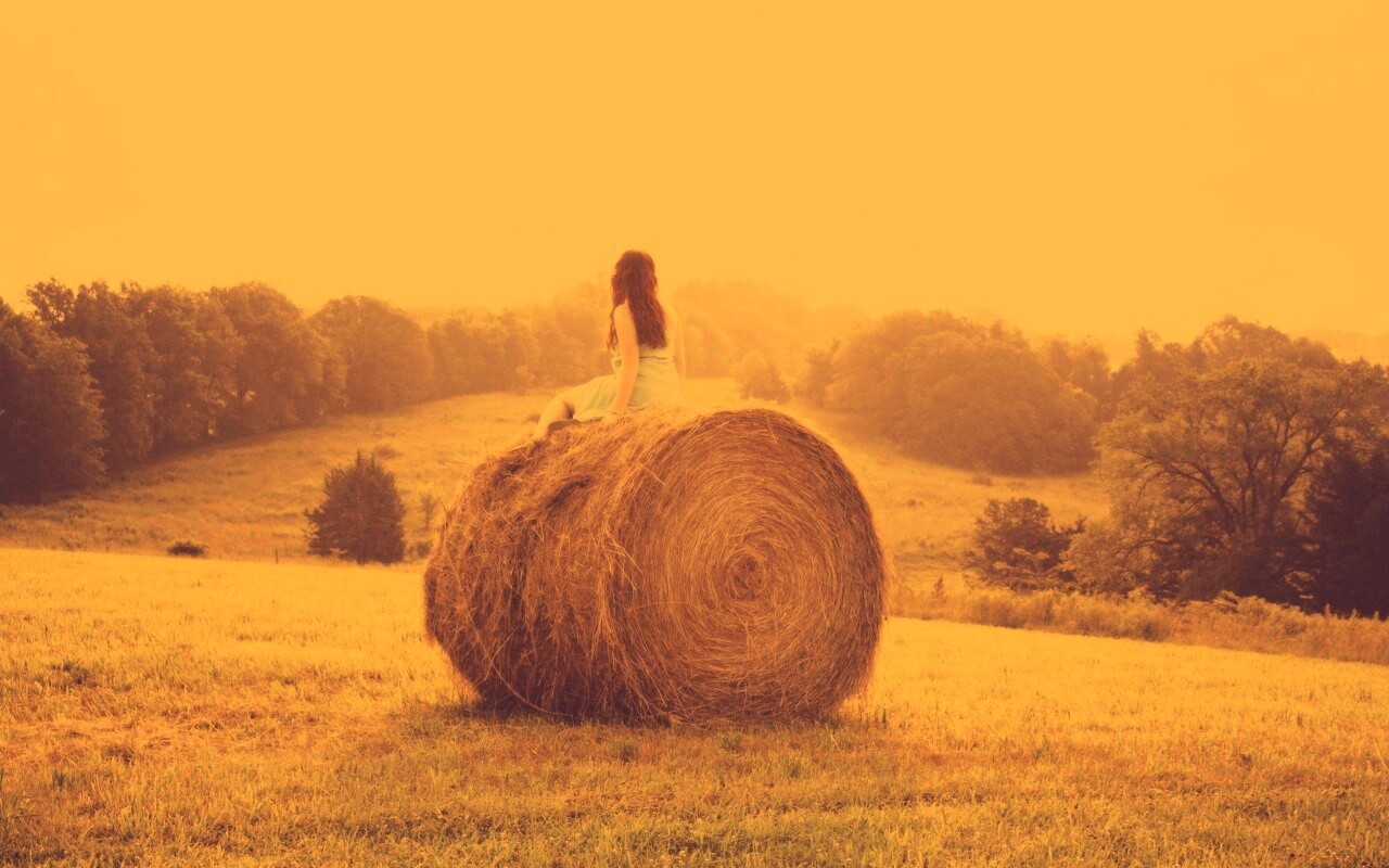 Девушка на снопе сена обои