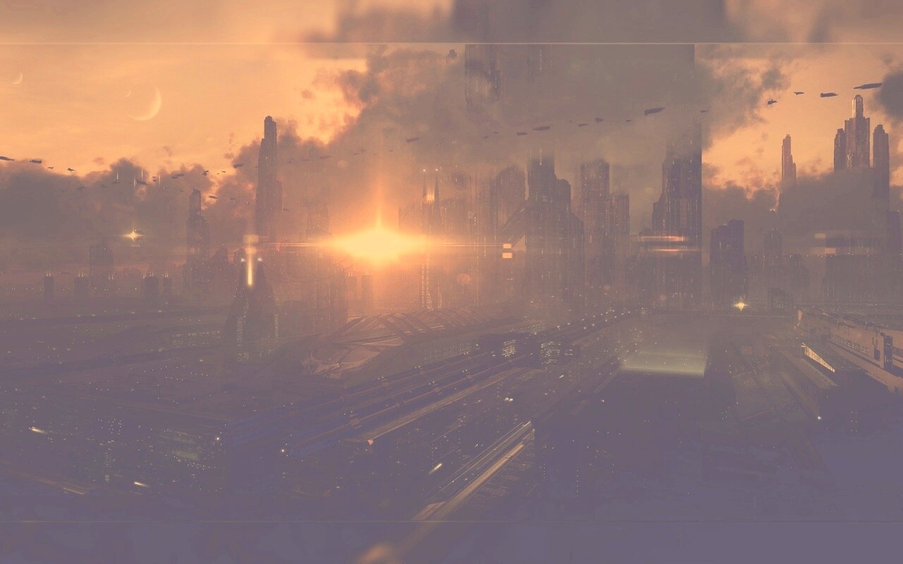 Закат в инопланетном городе обои