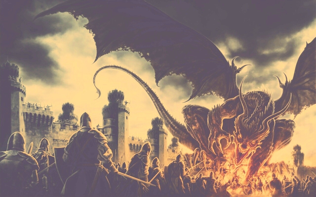 Дракон нападает на замок обои