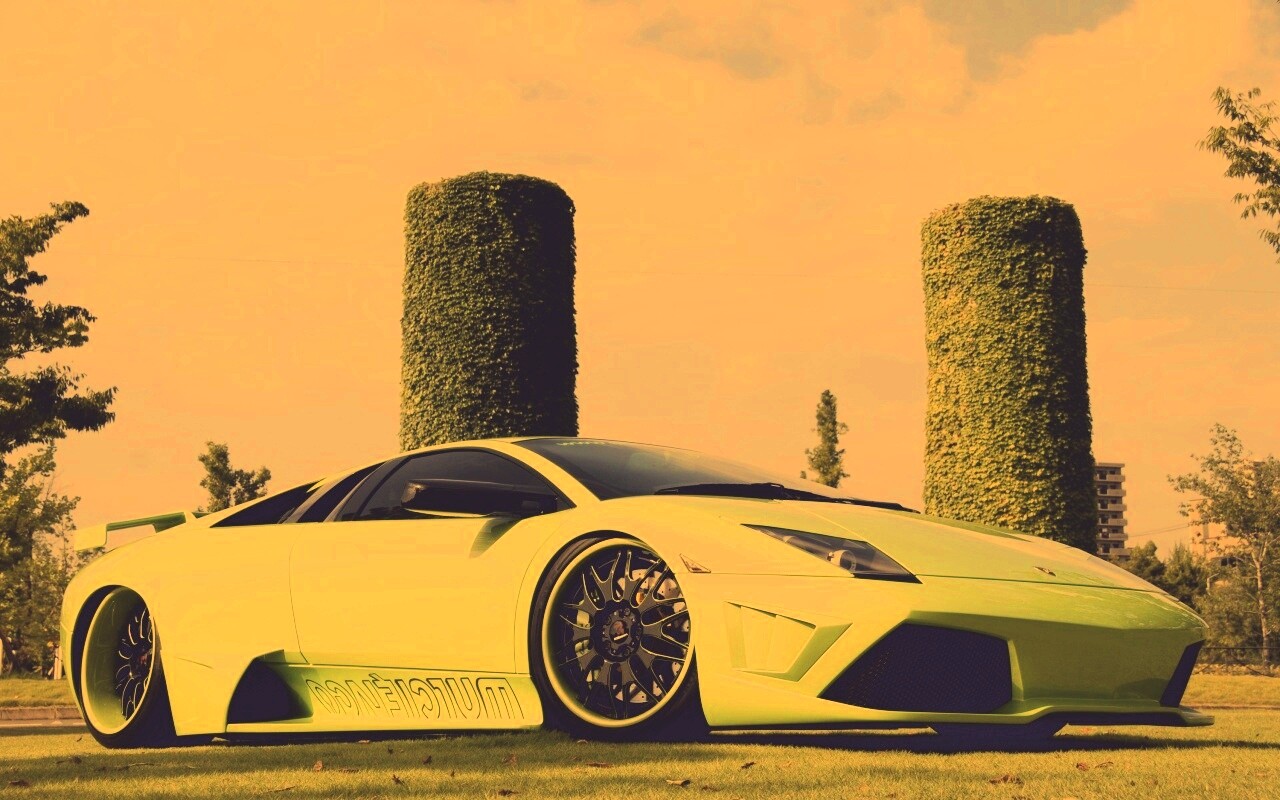 Зелёный Ламборджини на траве обои