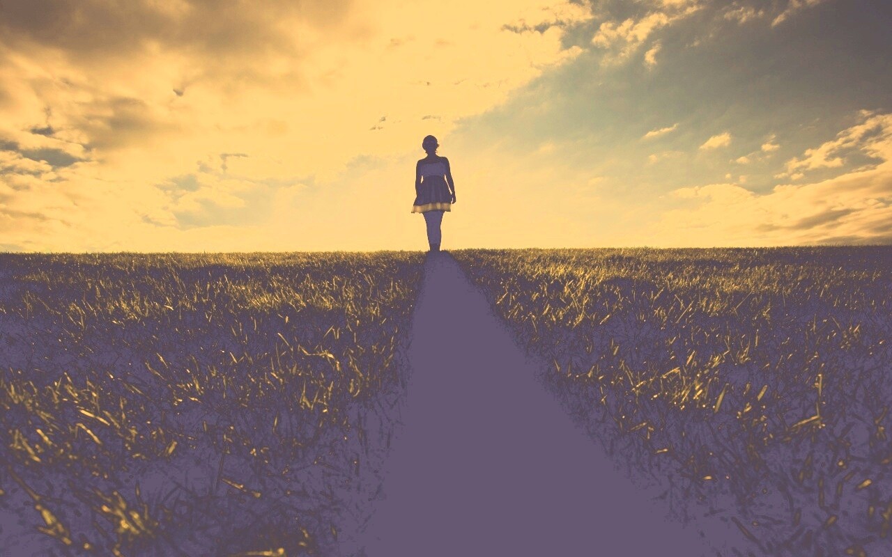 Силуэт девочки на поле обои