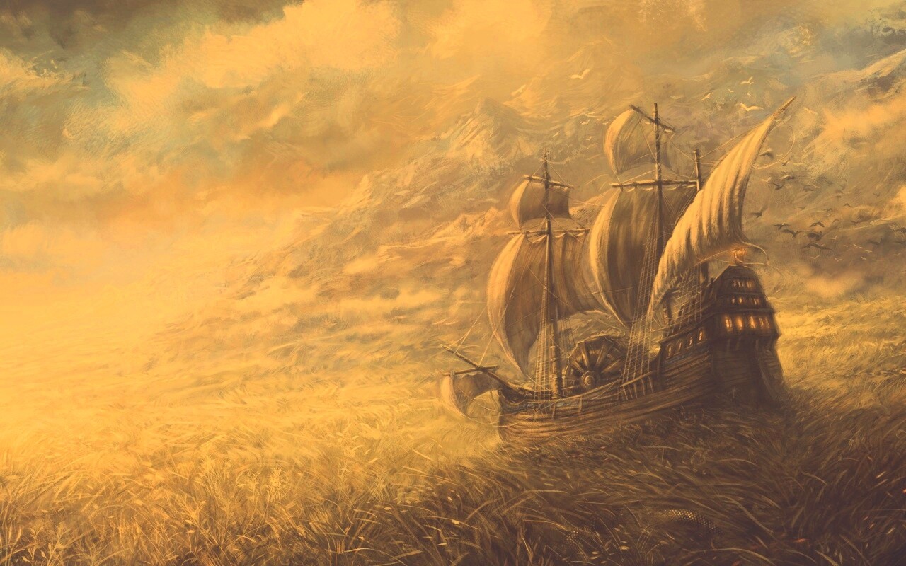 Корабль в море травы обои