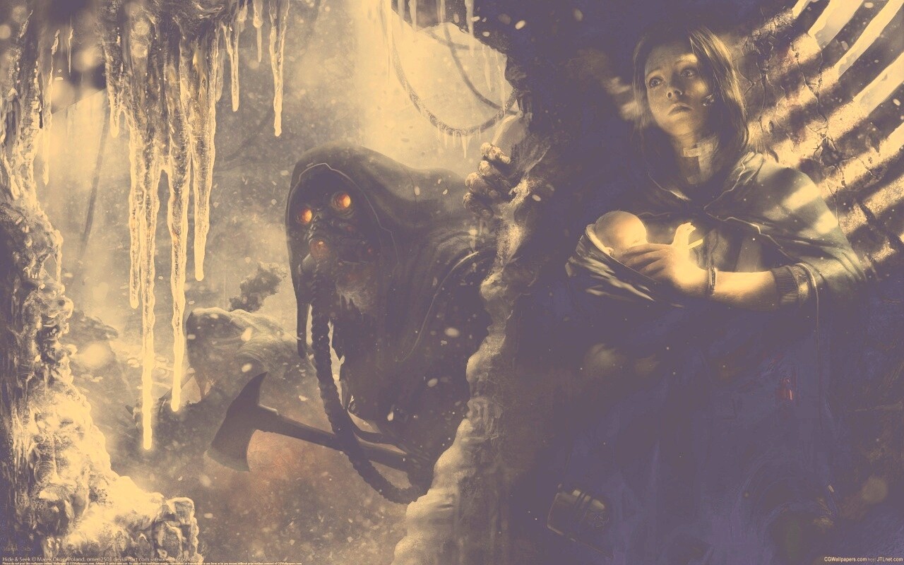 Девушка с ребенком прячется от монстра обои