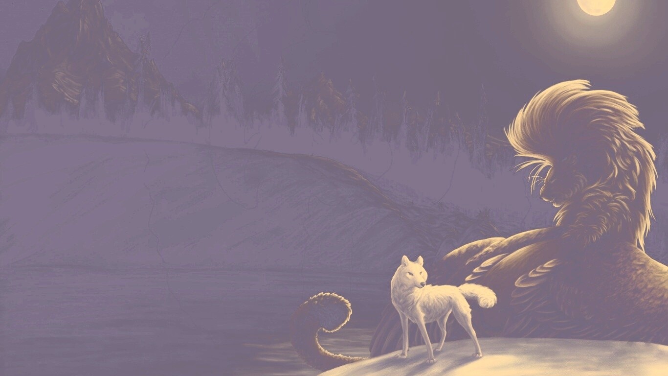 Волк и лев при луне обои