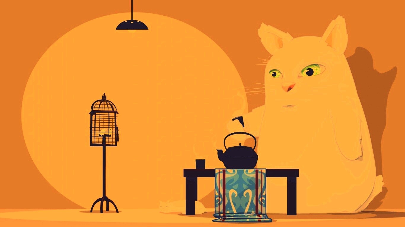 Кот пьет чай обои