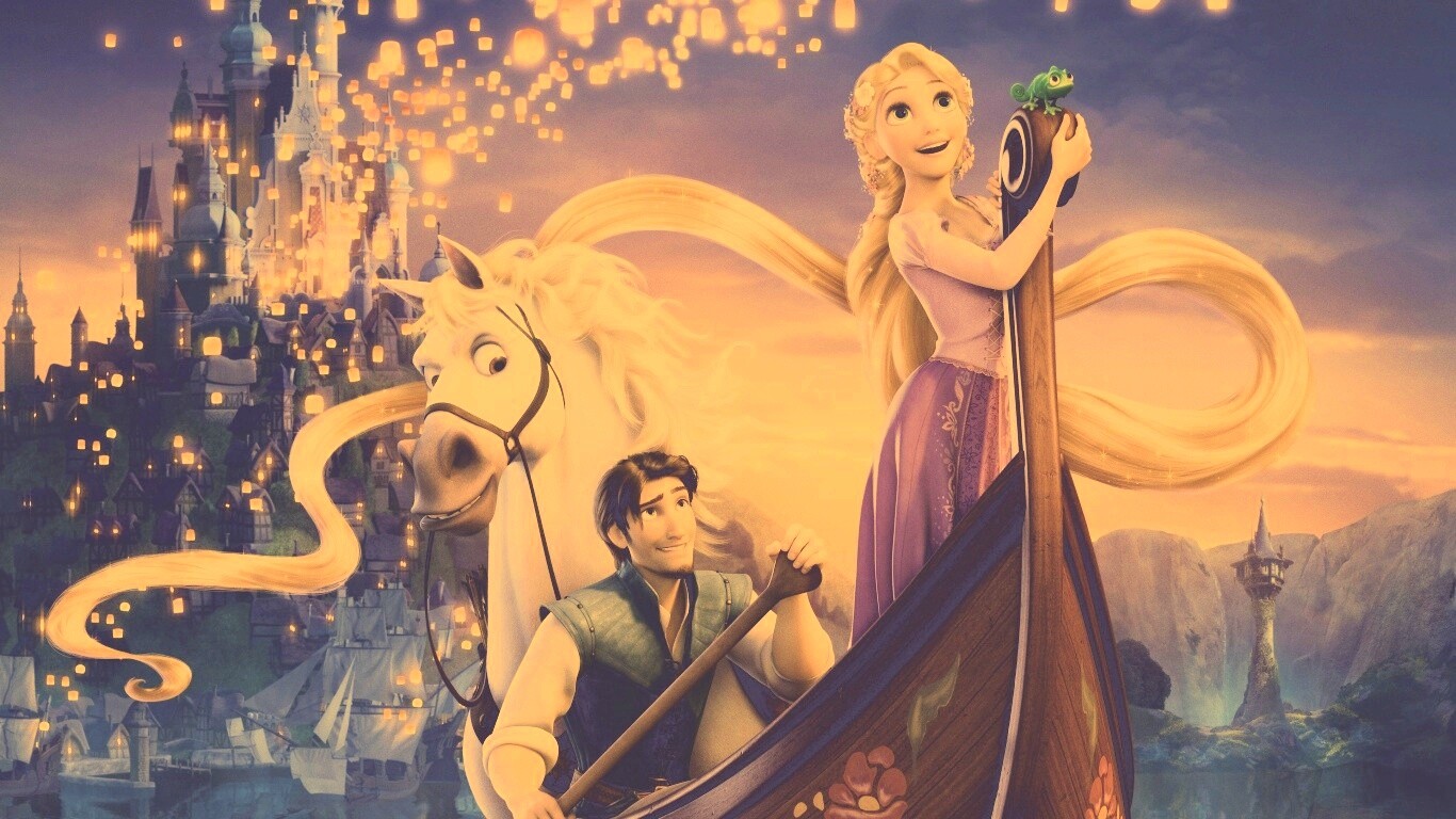 Рапунцель принц и конь в лодке обои