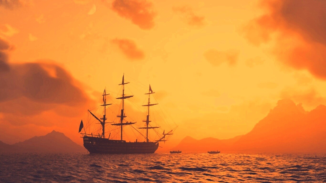 Трехпалубный парусный корабль на закате обои