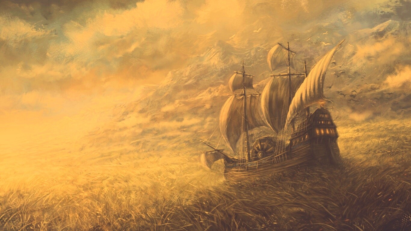 Корабль в море травы обои