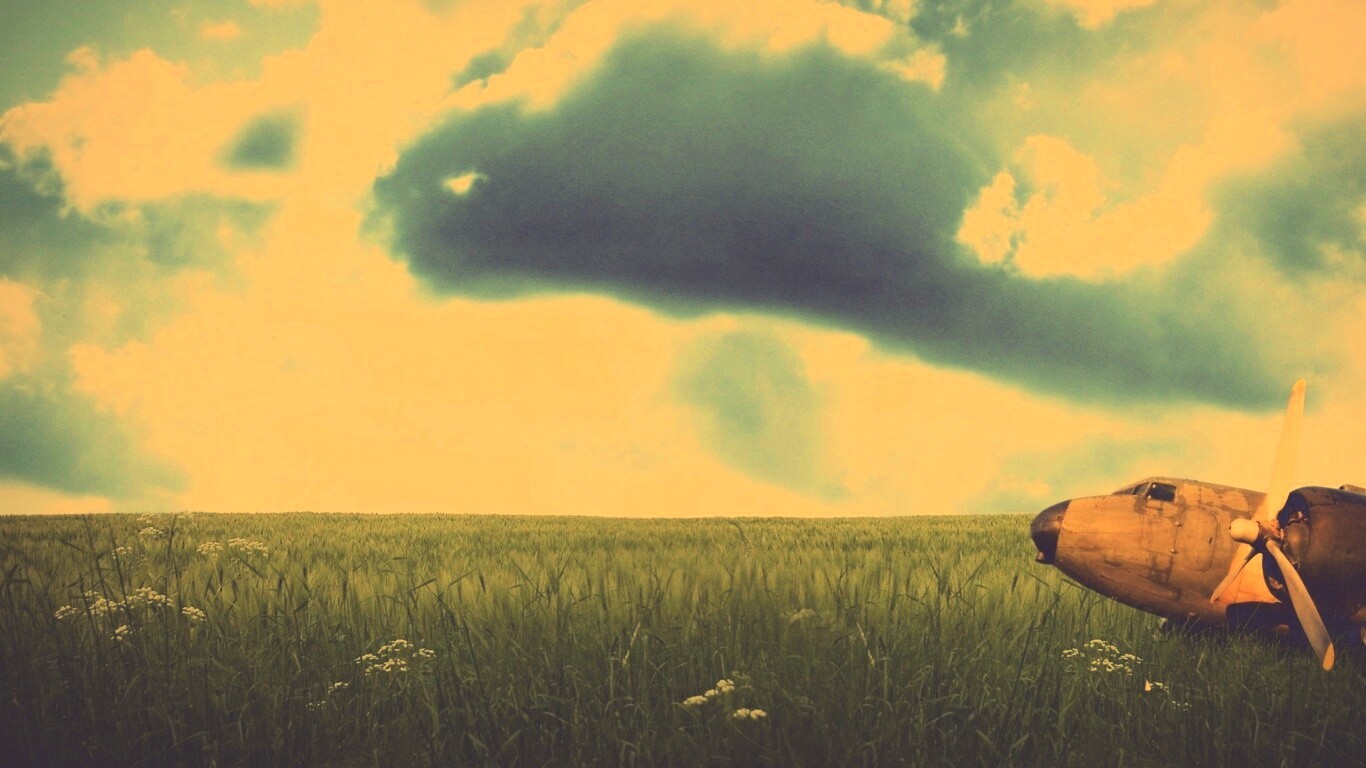 Старый ржавый самолет на лугу обои