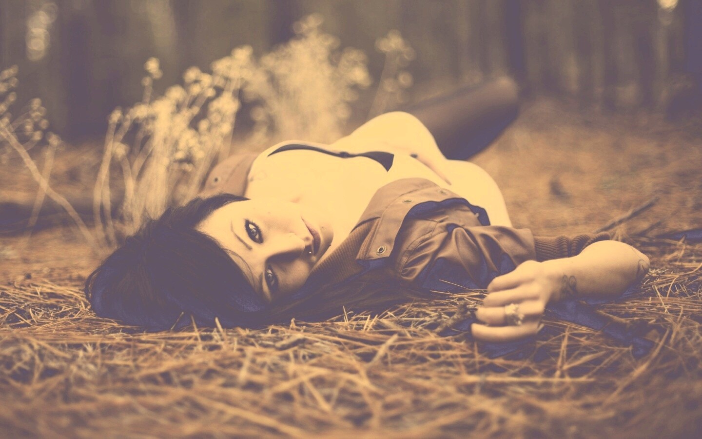 Лежащая на траве обои