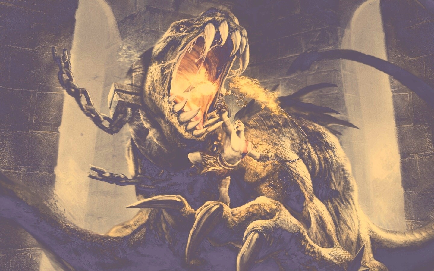 Кратос против динозавра обои