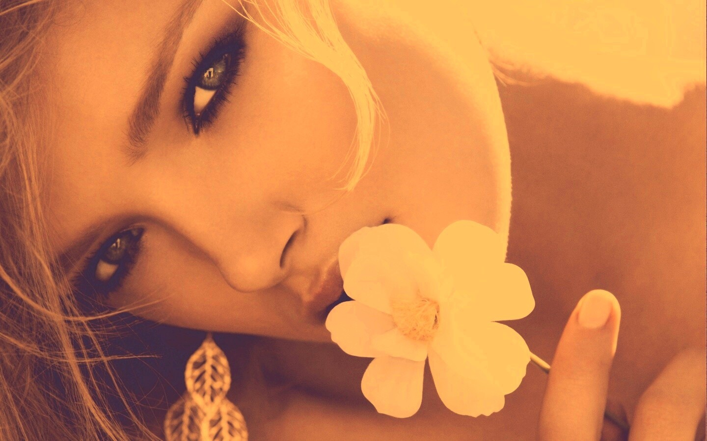 Красавица с белым цветком обои