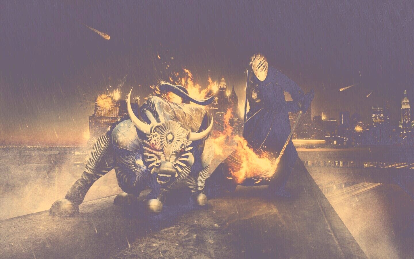 Воин и бык на крыше обои