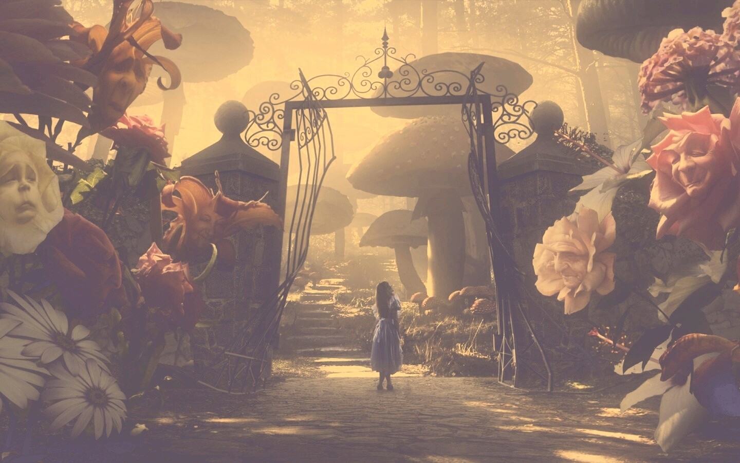 Алиса в стране чудес среди живых цветов обои