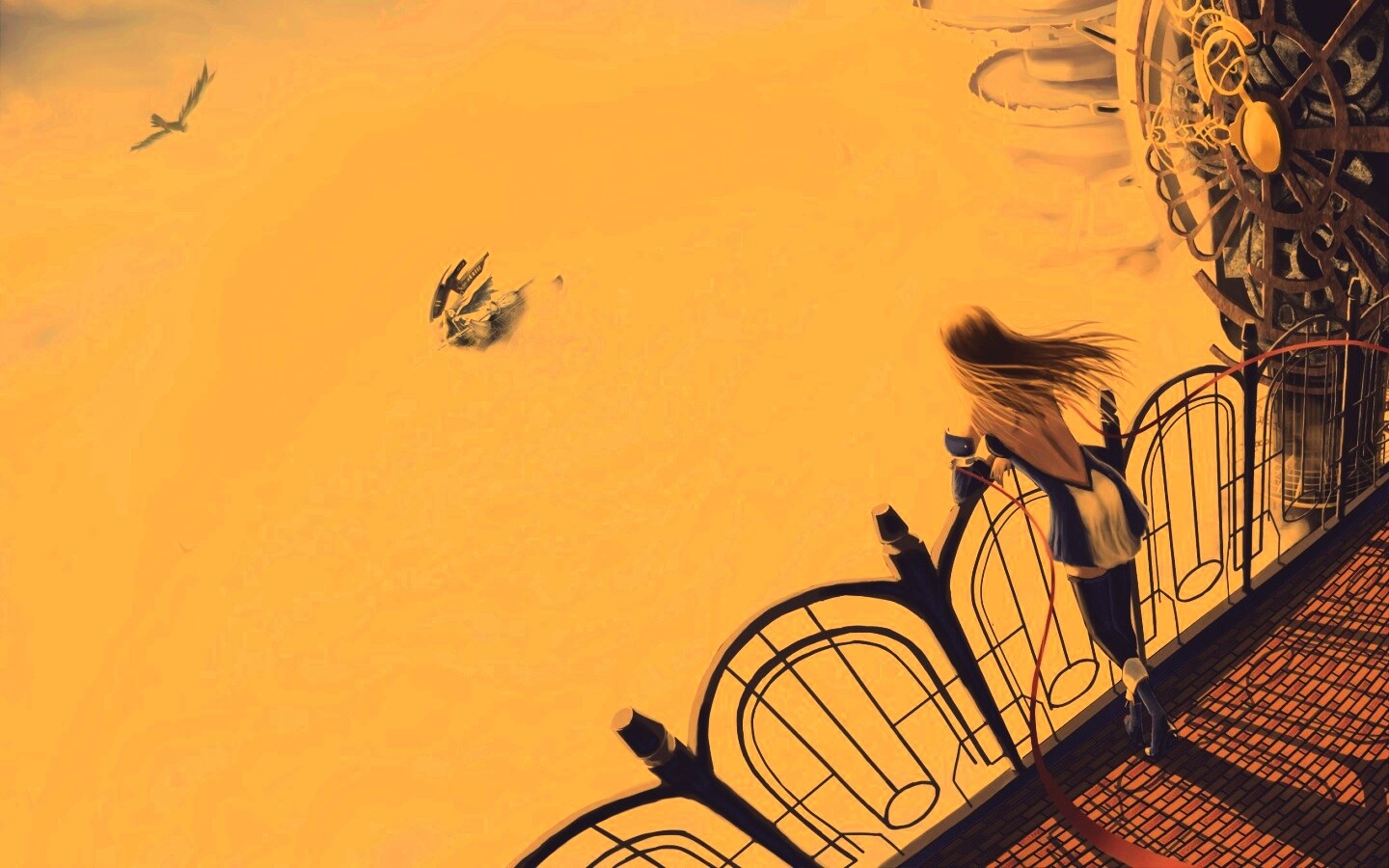 Девушка в городе над облаками обои