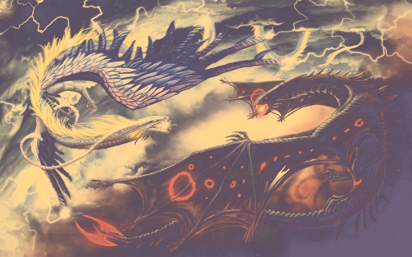 Живописная битва молнии и огня обои