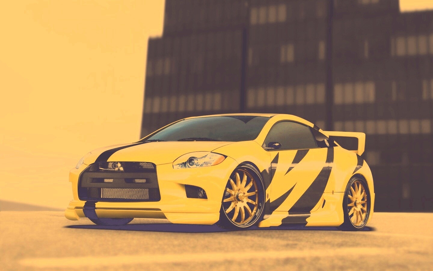 Mitsubishi жёлтого цвета с черными полосами обои