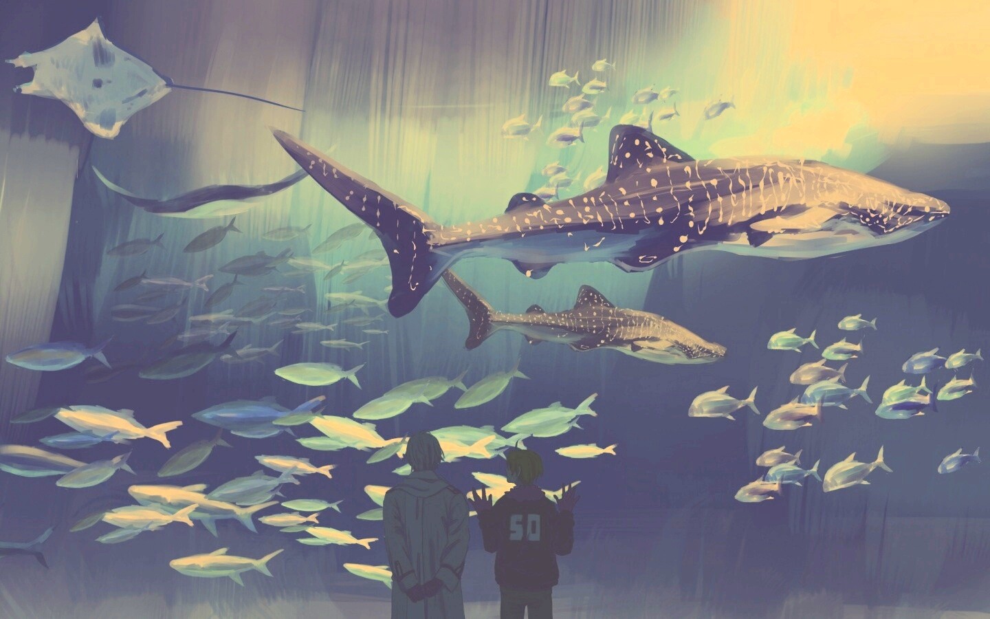 Двое в океанариуме обои