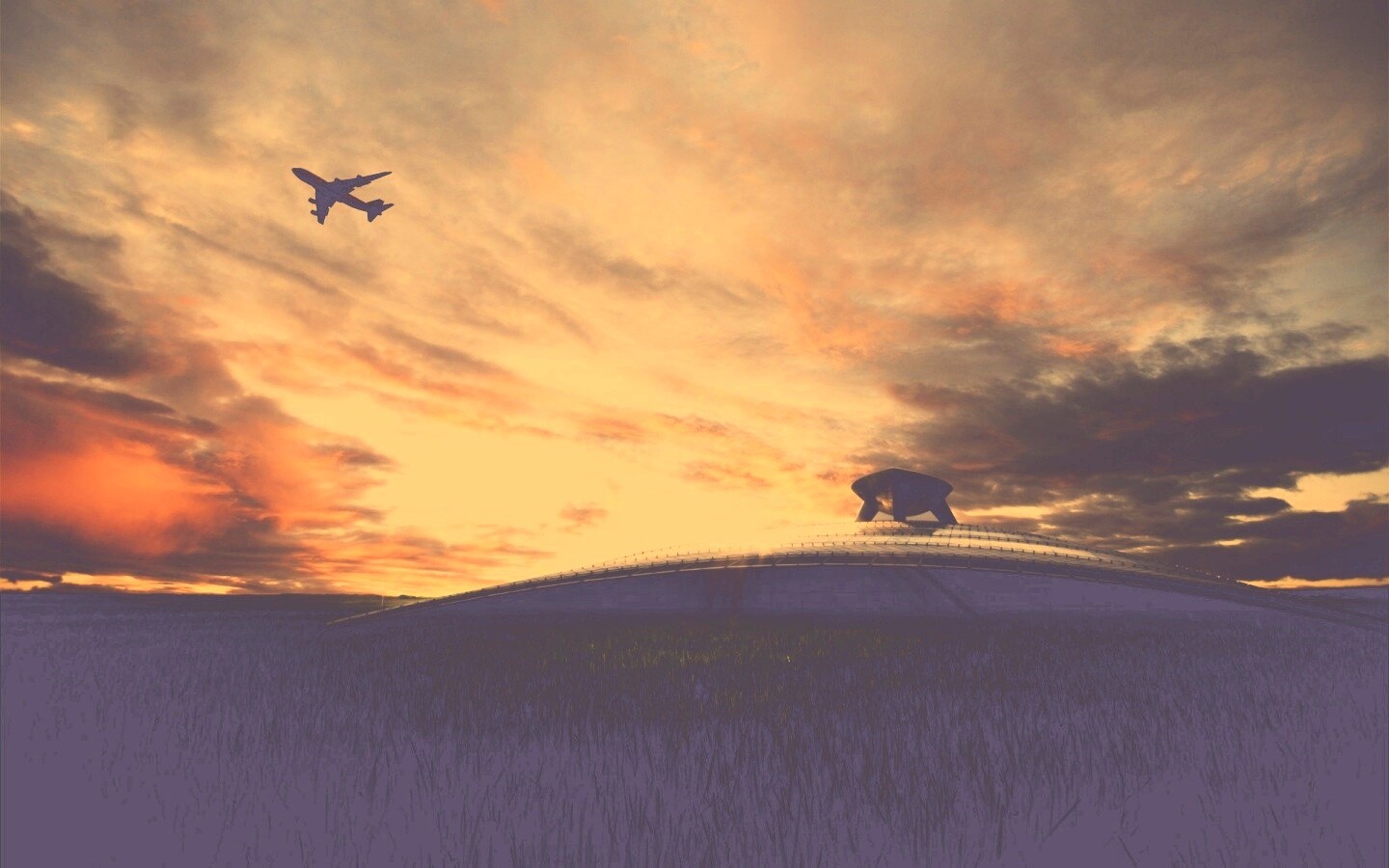 Самолет в закатном небе обои